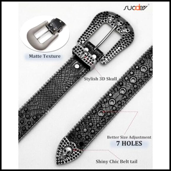 Rhinestone Skull Studded Leather Belt Punk Fashion Bling Accessory Y2K